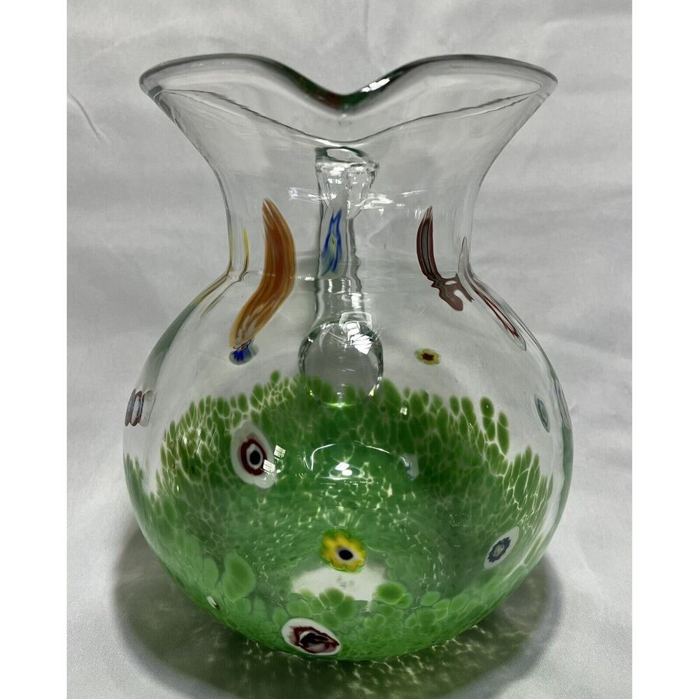 Vintage Murano Millefiori Hand Blown Art Glass Water Pitcher Green Clear 8" - Picture 2 of 8